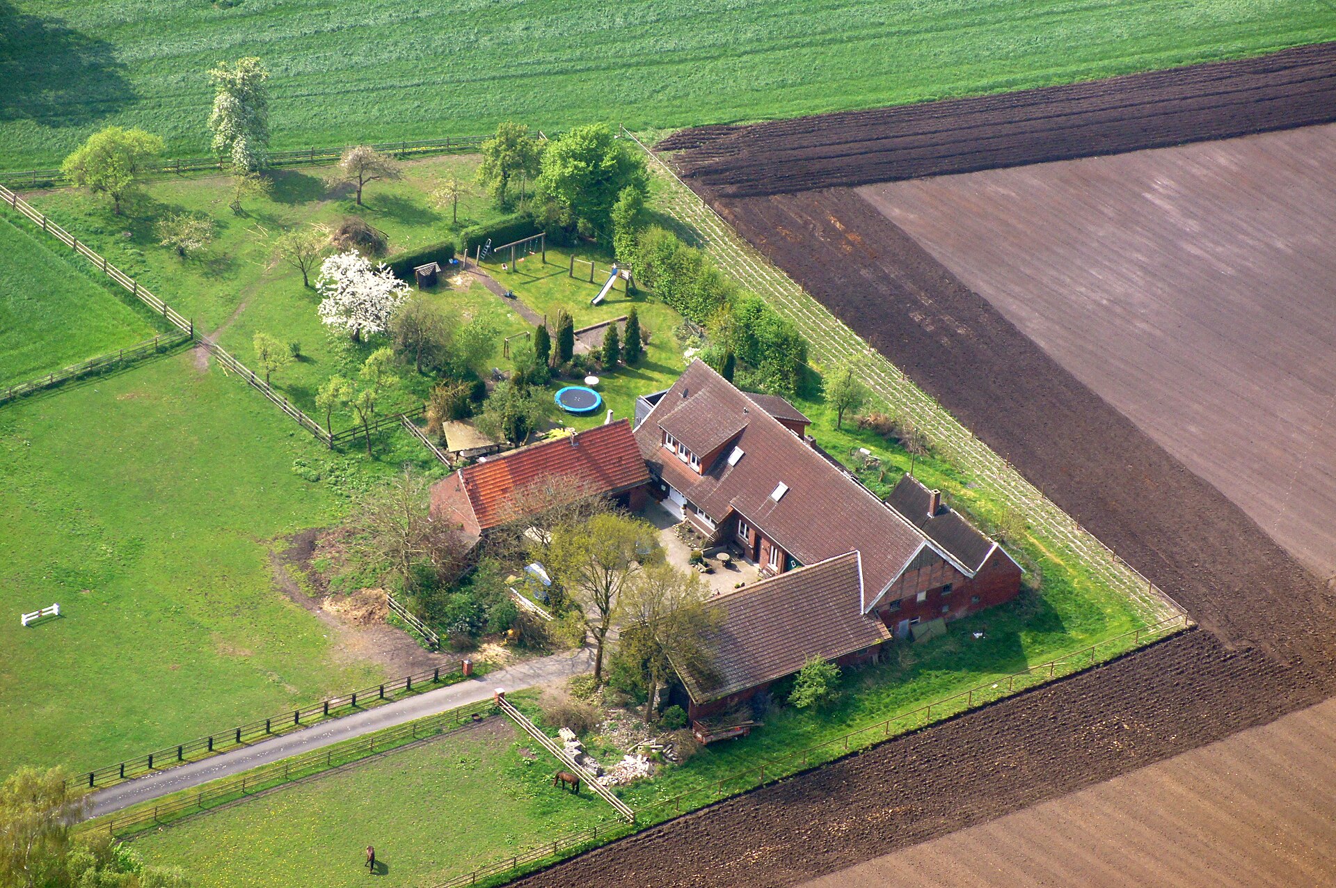 Luftaufnahme eines Gehöfts mit Wirtschaftsgebäuden inmitten von Feldern im Münsterland